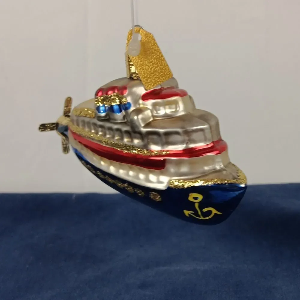 Discovery Channel Blown Glass Ornament Ship Yacht Glitter Christmas Tree Holiday